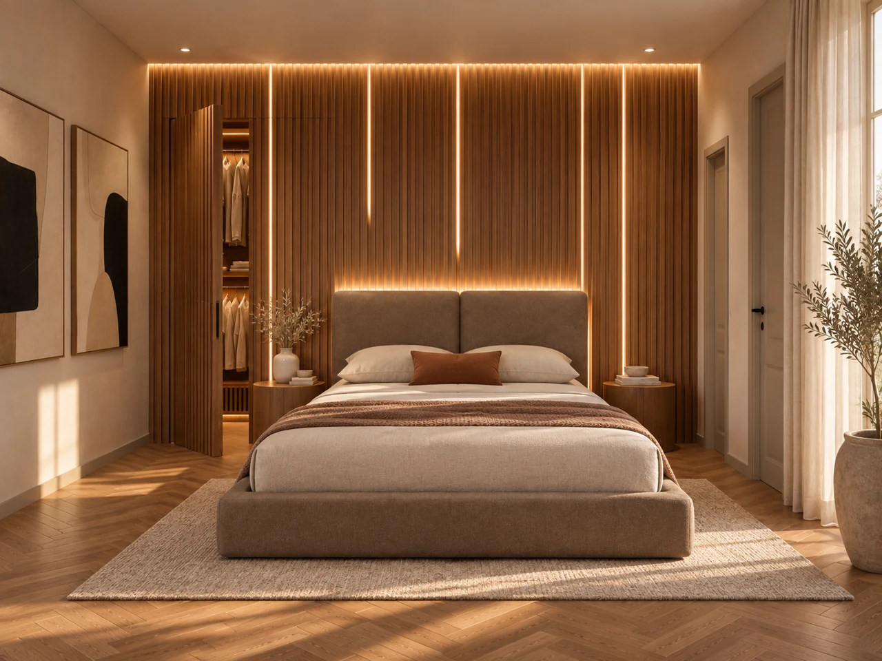 Bedroom · Wood surfaces and layered light