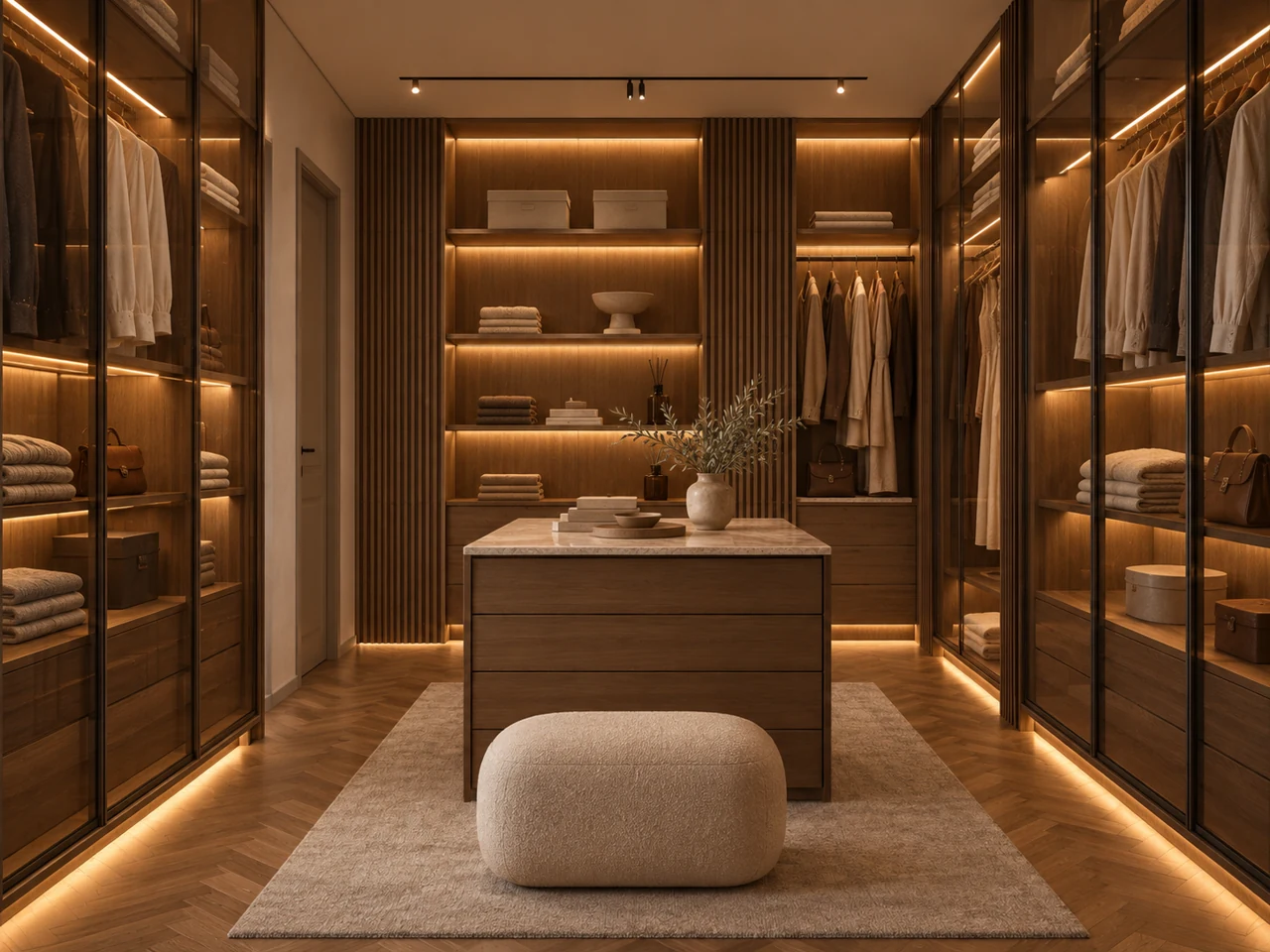 Walk-in wardrobe · Joinery and integrated lighting
