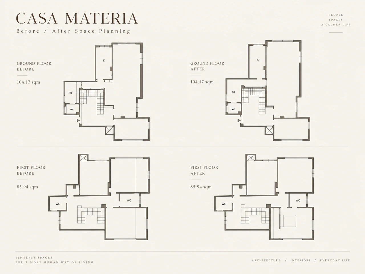 Original floor plans · Ground and first floors, before and after