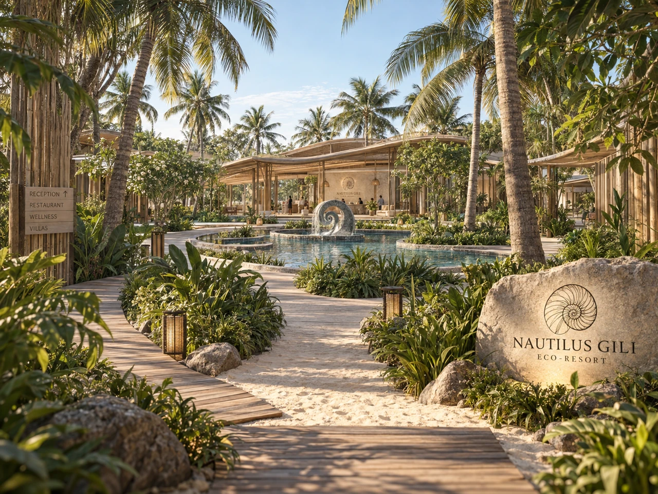 Arrival · Reception and the central water garden
