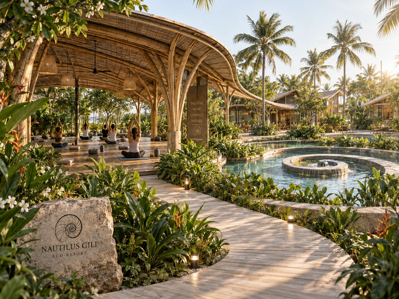 Yoga pavilion · A shared space beside the water